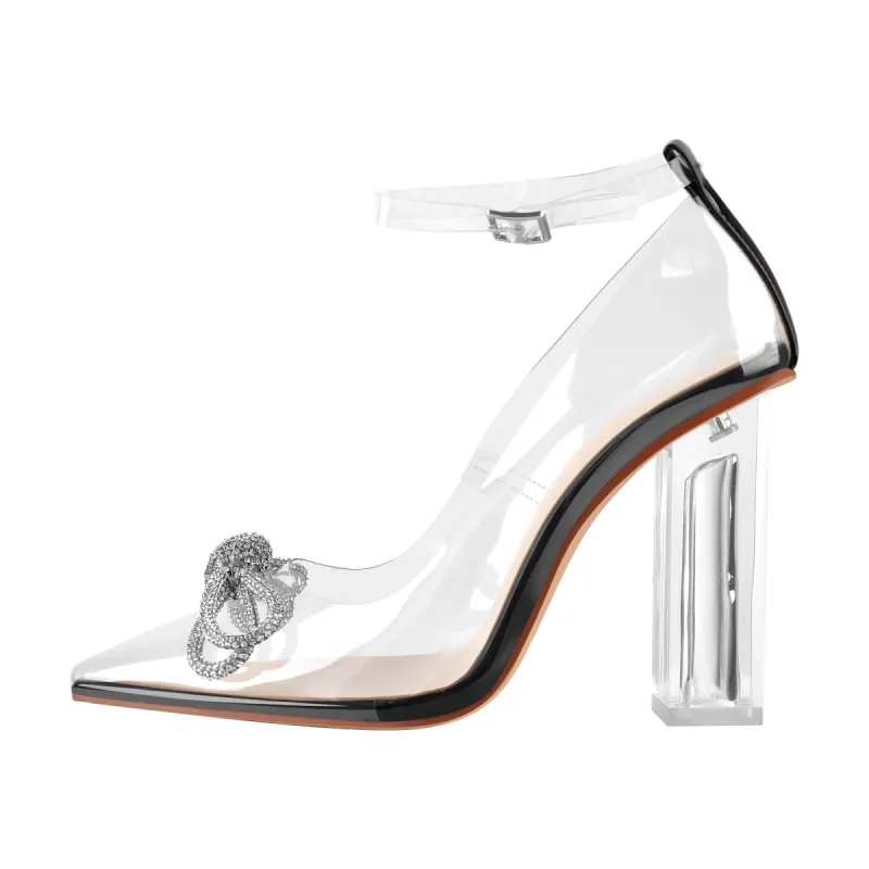 Bowknot Rhinestone Pointed Toe Clear Chunky Heels Pumps sold by Onlymaker