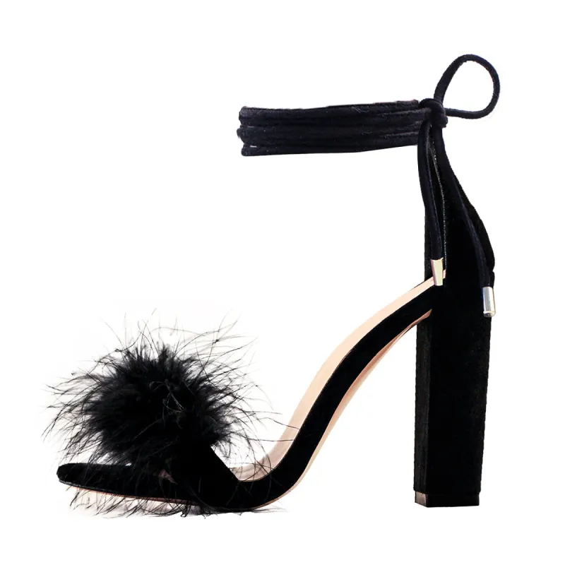 Round Toe Feather Lace-up Suede Chunky Heel Sandals sold by Onlymaker