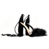 Round Toe Feather Lace-up Suede Chunky Heel Sandals sold by Onlymaker