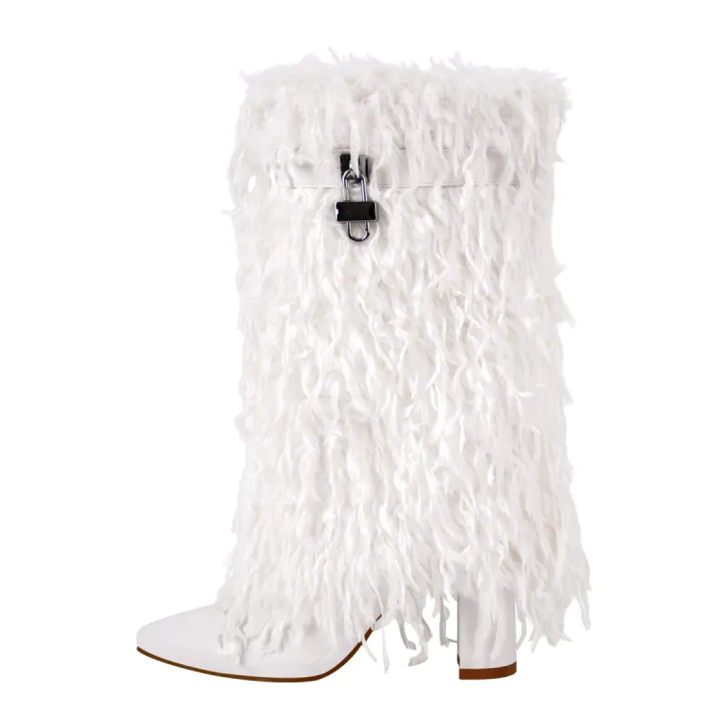 Fur Pointed Toe Chunky Heel Mid-Calf Boots sold by Onlymaker