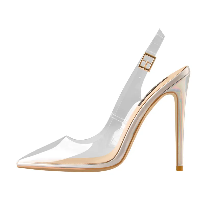 Transparent Pointed Toe Slingback Holographic Stiletto High Heel Pumps sold by Onlymaker