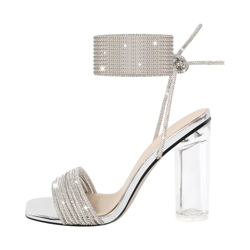 Strap Rhinestone Clear Chunky Heel Lace-up Sandals sold by Onlymaker