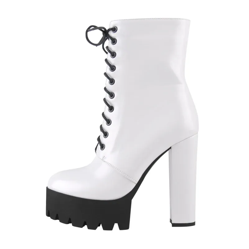 Lace Up White Platform Chunky Heels Zipper Boots sold by Onlymaker
