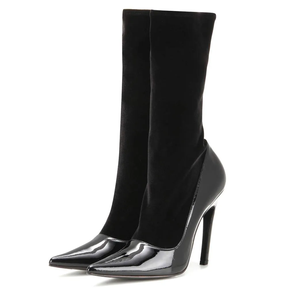 Pointed Toe Velvet Stretch Stiletto Mid-Calf Boots sold by Onlymaker product image thumbnail 2