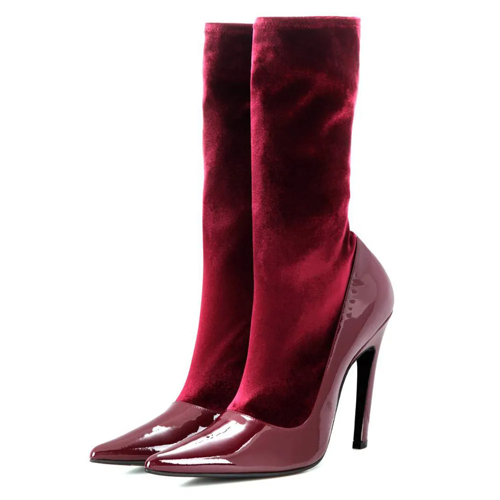 Pointed Toe Velvet Stretch Stiletto Mid-Calf Boots sold by Onlymaker product image thumbnail 5