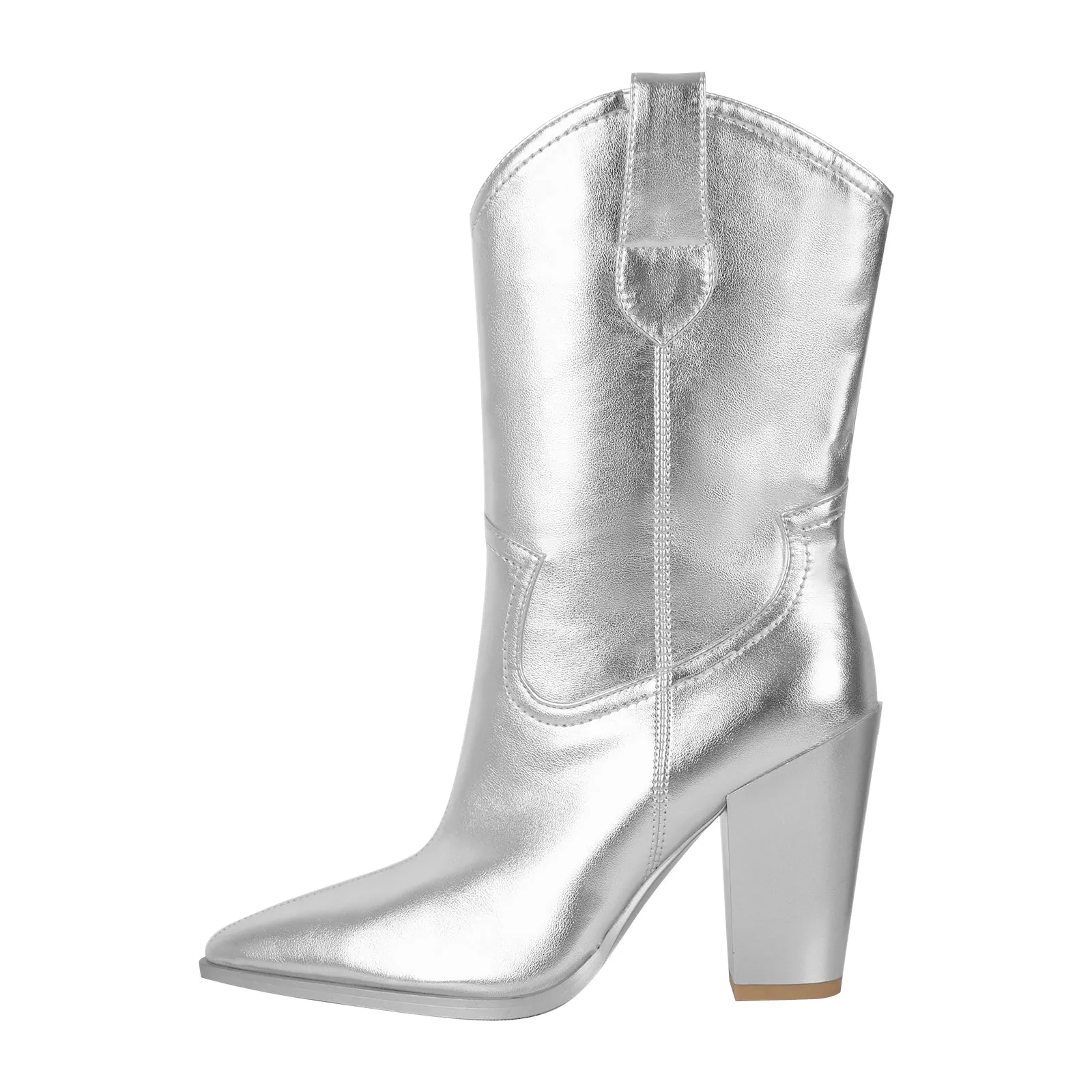 Metallic Pointed Toe Mid-Calf Chunky Heel Western Boots sold by Onlymaker