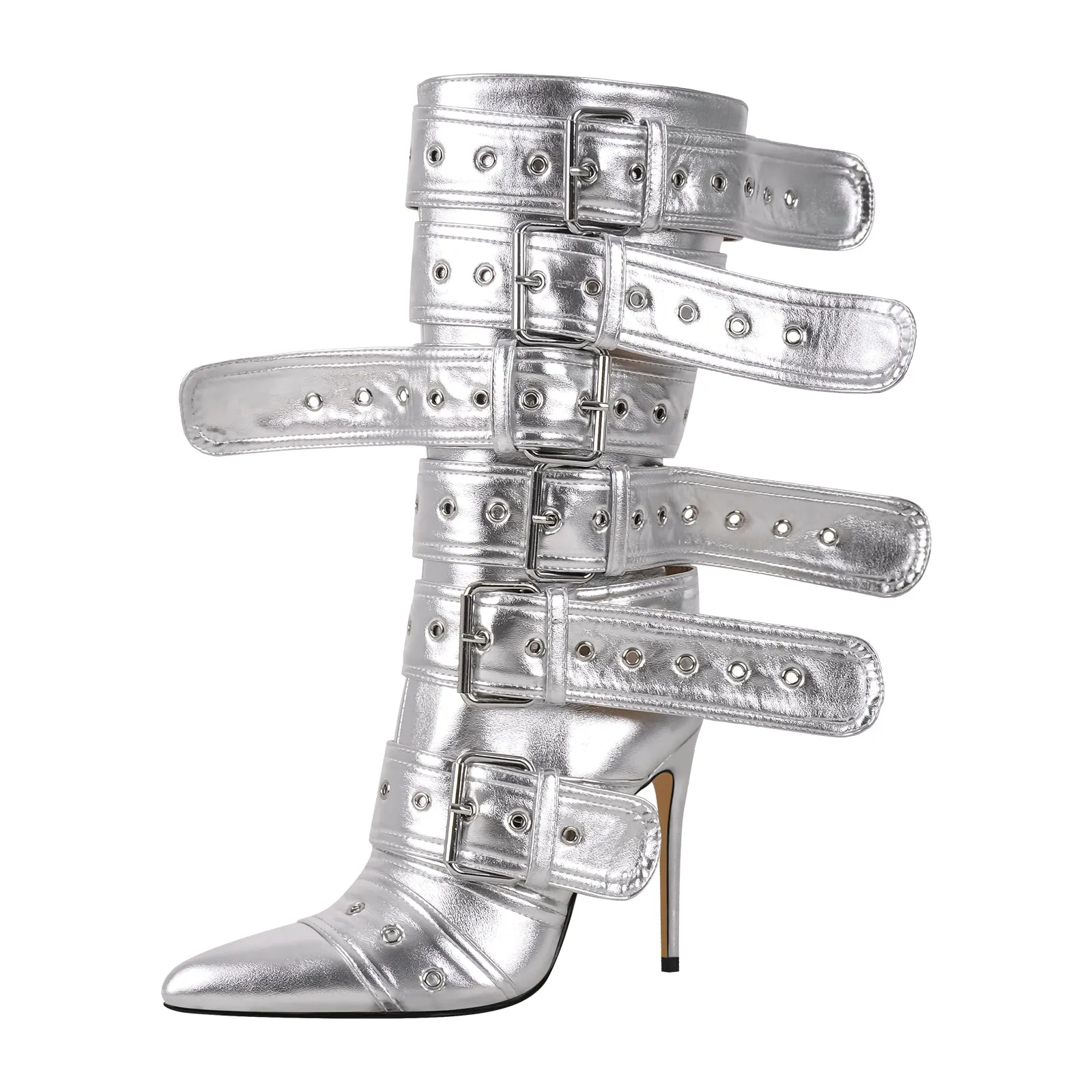 Metallic Pointed Toe Buckles Stiletto Ankle Boots sold by Onlymaker product image thumbnail 2
