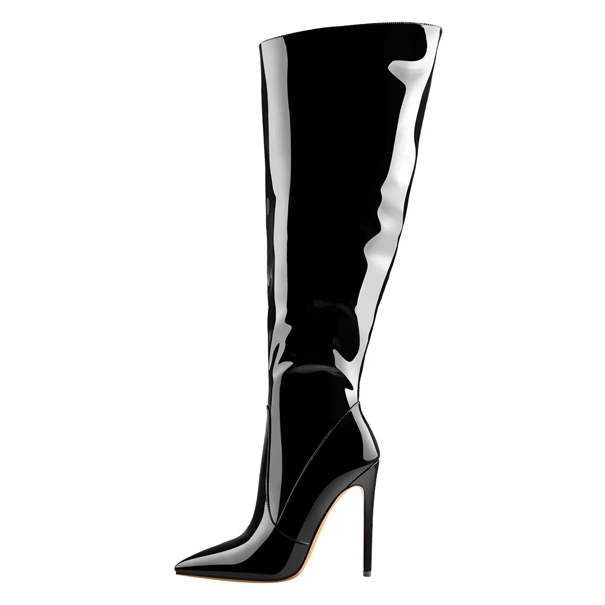 Black Patent Leather Zip Pointed Toe Knee High Boots sold by Onlymaker