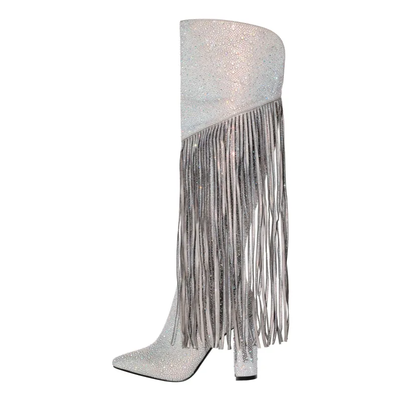 Pointed Toe  Rhinestone Tassels Over The Knee Boots sold by Onlymaker