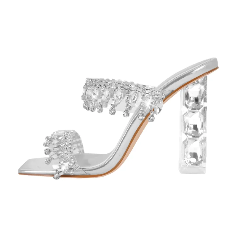 Silver Rhinestone Square Toe Clear Chunky Heel Sandals sold by Onlymaker