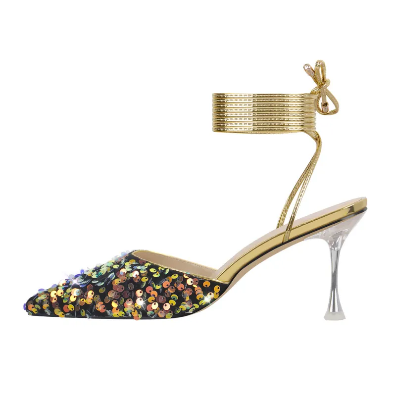 Pointed Toe Sequin Lace Up Pumps sold by Onlymaker
