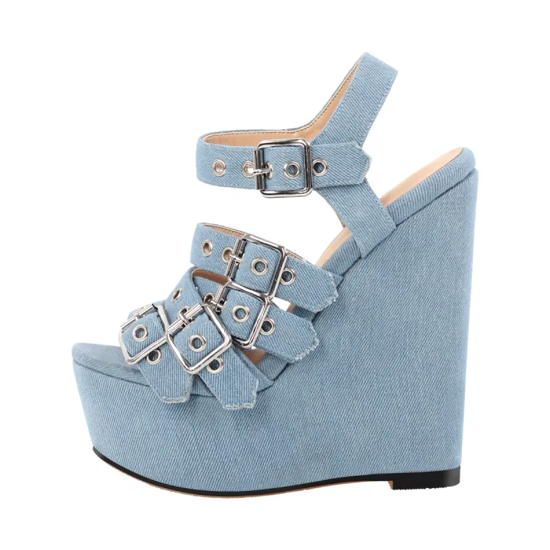 Denim Platform Wedge Heel Buckle Strap Sandals sold by Onlymaker
