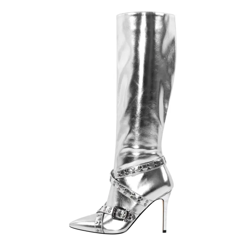 Straps Knee High Metallic Color Boots sold by Onlymaker