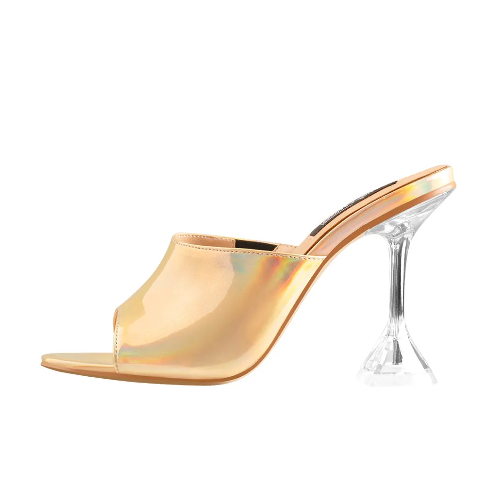 Golden Holographic Transparent Tapered Heel Sandals Mules sold by Onlymaker