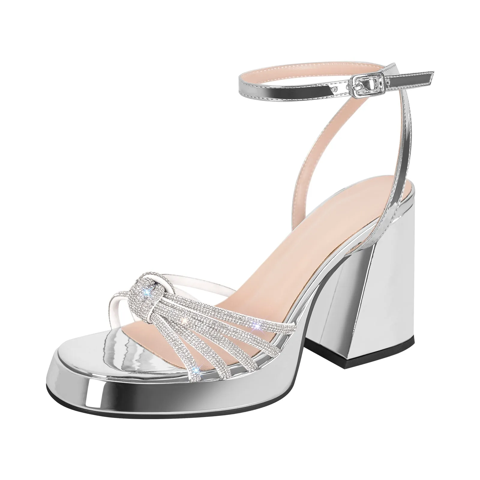 Metallic Chunky Heel Rhinestone Strap Sandals sold by Onlymaker product image thumbnail 2