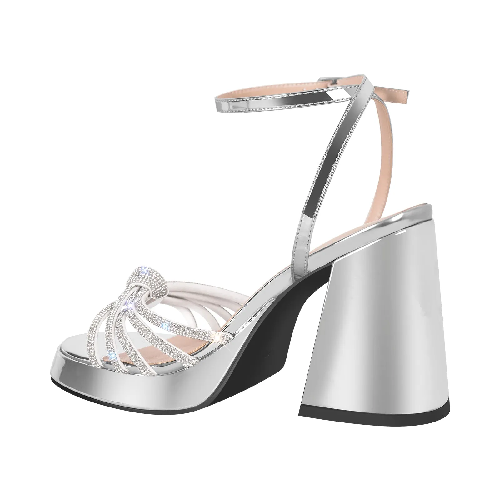 Metallic Chunky Heel Rhinestone Strap Sandals sold by Onlymaker product image thumbnail 4