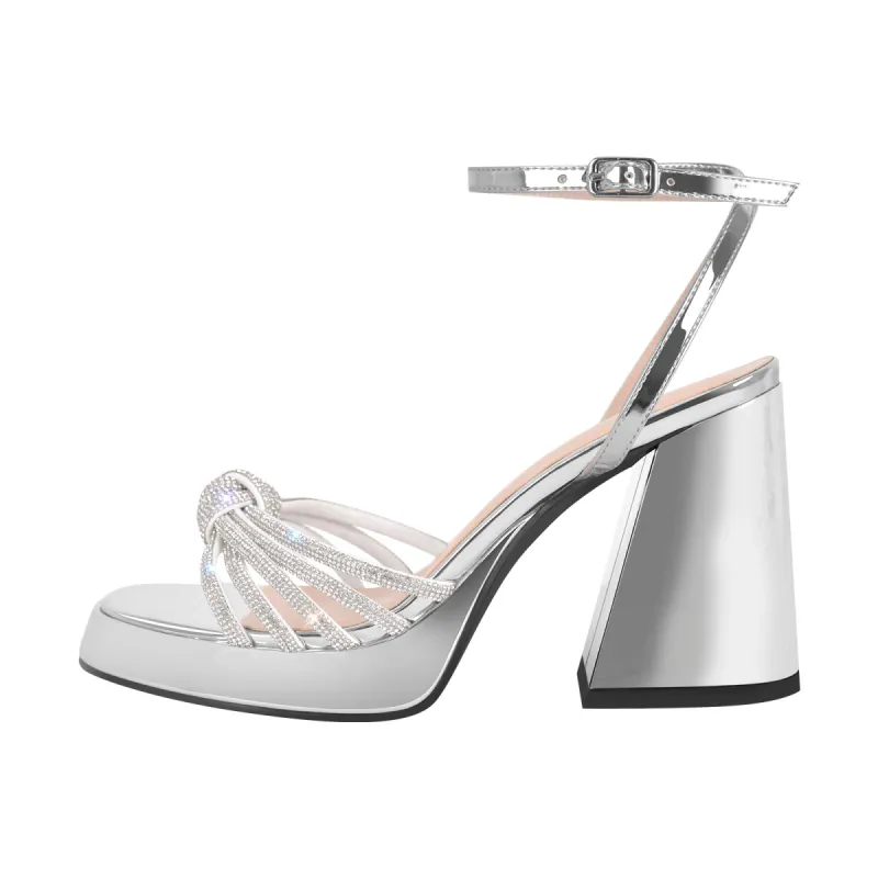 Metallic Chunky Heel Rhinestone Strap Sandals sold by Onlymaker