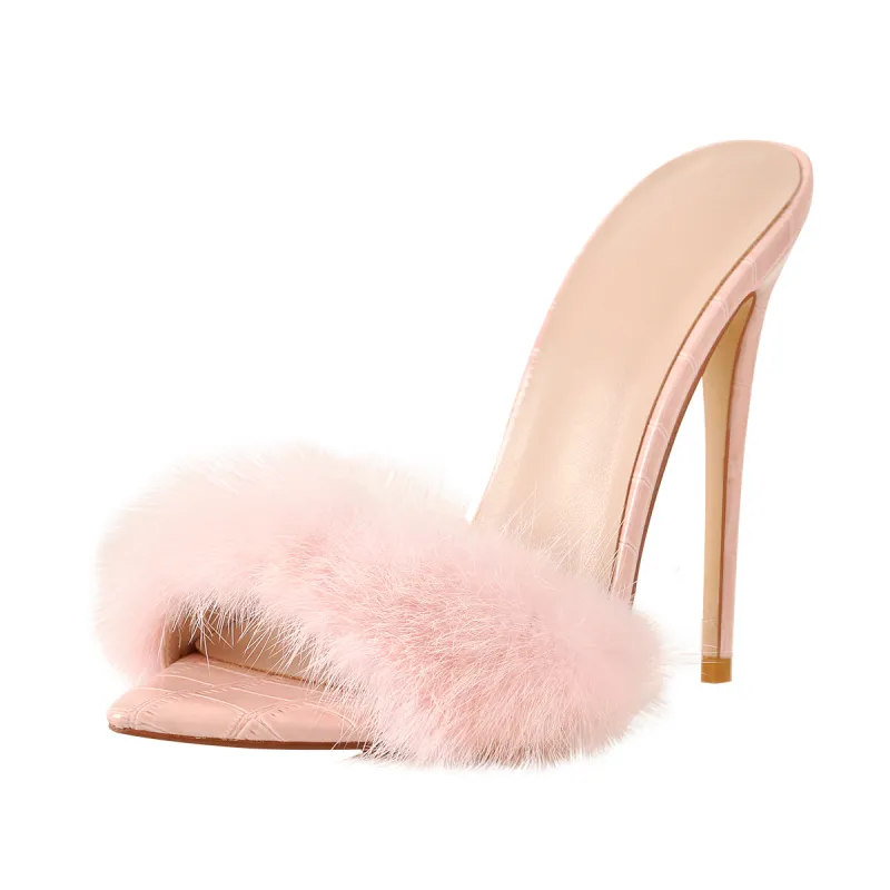 Pink Feather Open Toe High Heel Stilettos Sandals sold by Onlymaker
