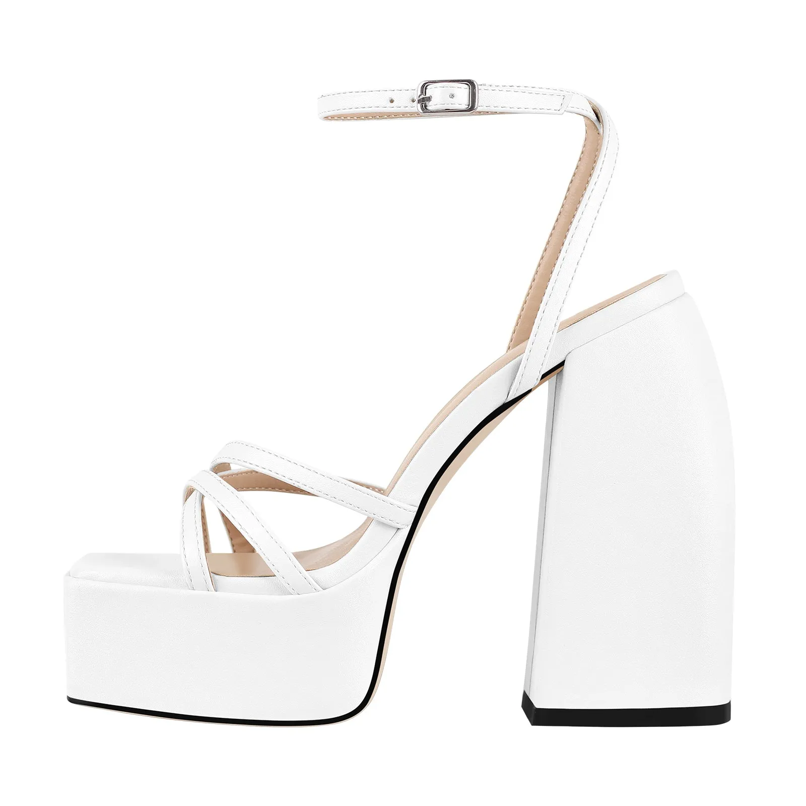 White Ankle Strap Platform Chunky Heels Sandals sold by Onlymaker