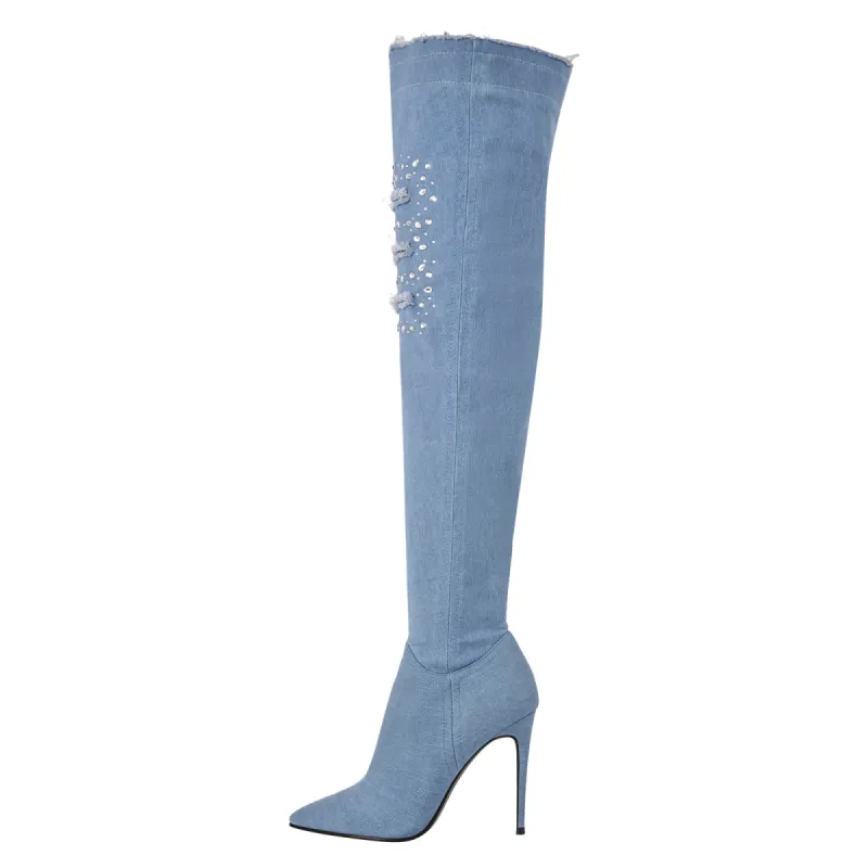 Denim Pointed Toe High Stiletto Over The Knee Boots sold by Onlymaker