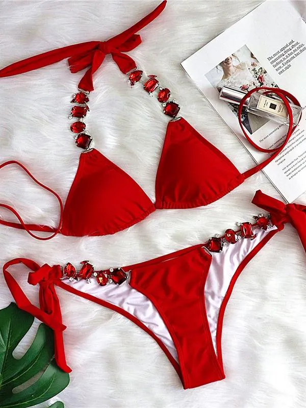 Red Rhinestone Bikini sold by Onlymaker