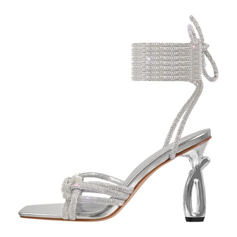 Rhinestone Lace-Up Silver Heels Sandals sold by Onlymaker