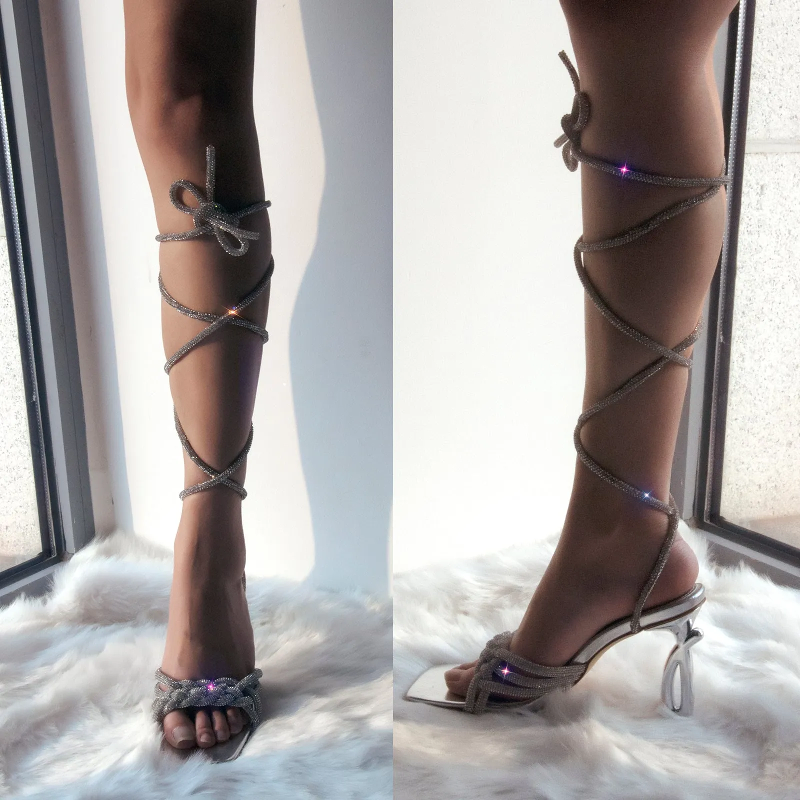 Rhinestone Lace-Up Silver Heels Sandals sold by Onlymaker product image thumbnail 4