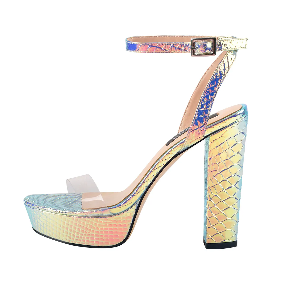 Iridescent Snake Print Platform Chunky Heels Sandals sold by Onlymaker