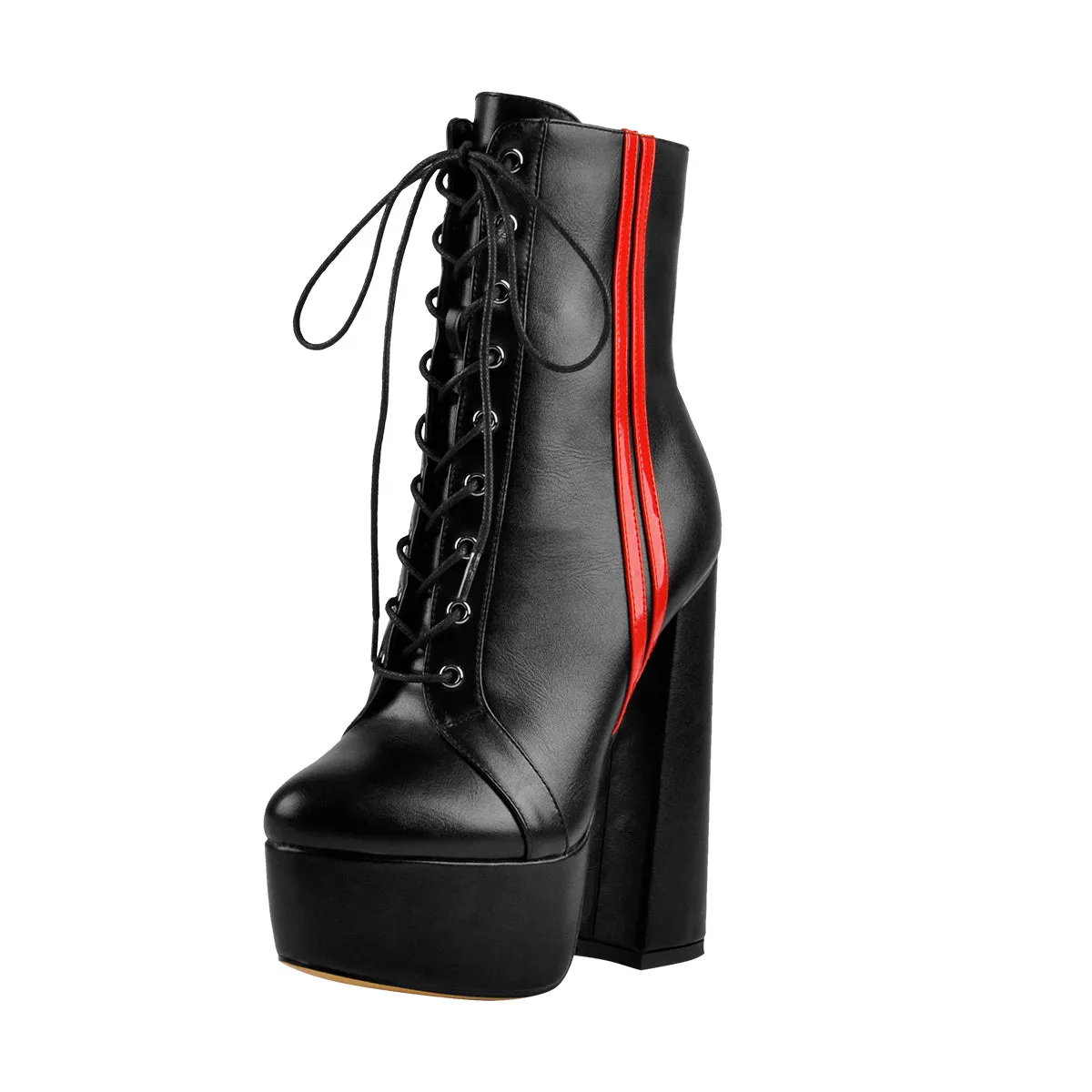 Lace Up Platform Round Toe Side Red Stripes Chunky Heels Ankle Boots sold by Onlymaker product image thumbnail 2