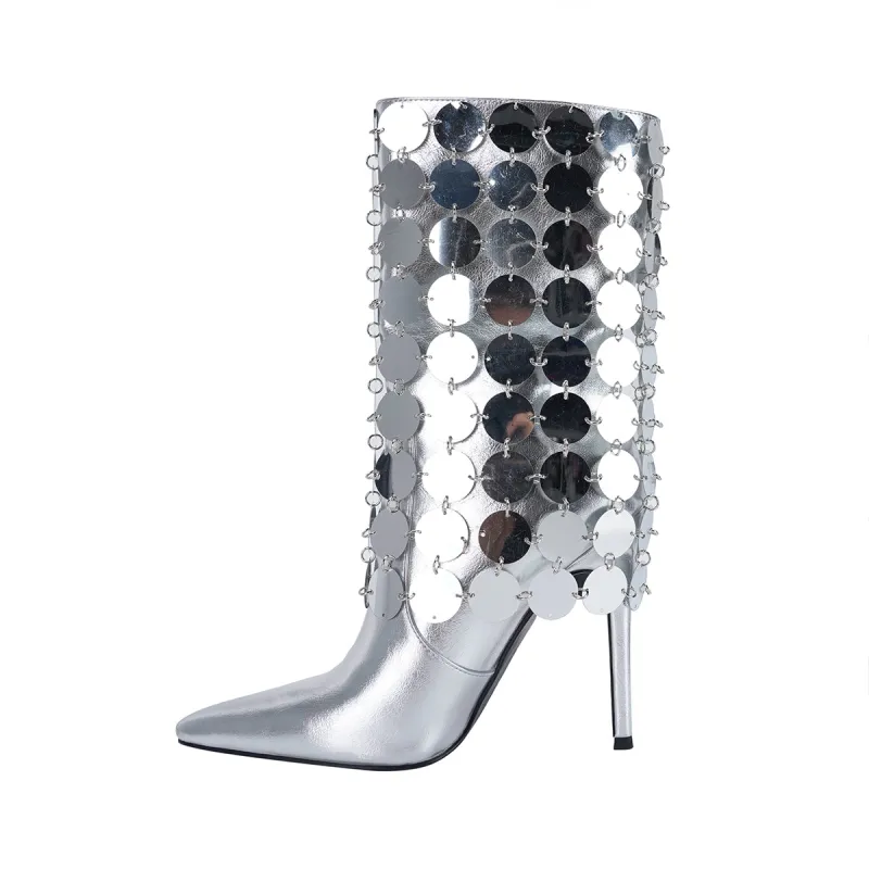 Pointed Toe Sequins Stiletto Fold Over Boots sold by Onlymaker