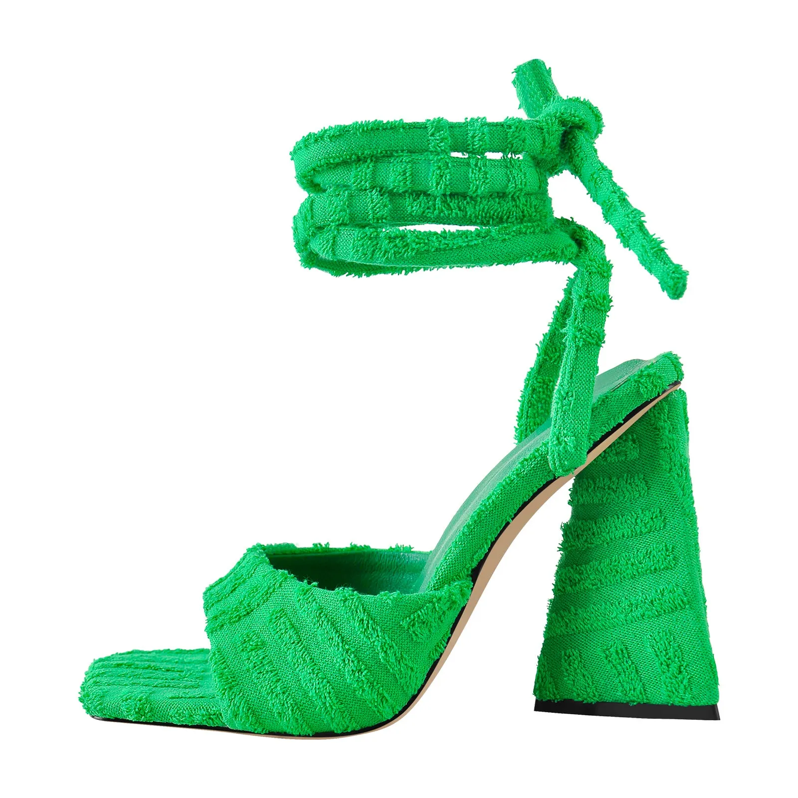 Square Toe Towelling Lace Up Chunky Heel Sandals sold by Onlymaker
