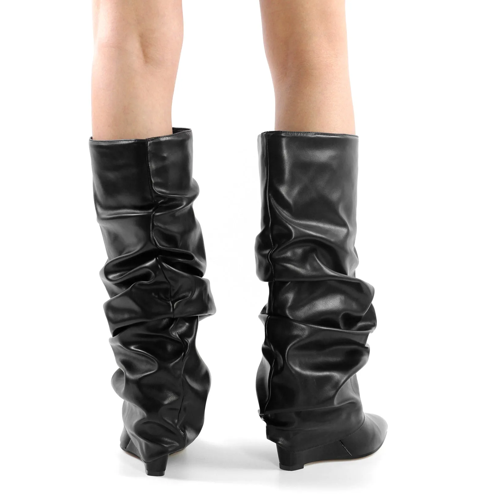 Black Pointed Toe Wedge Fold Over Knee Boots sold by Onlymaker product image thumbnail 4