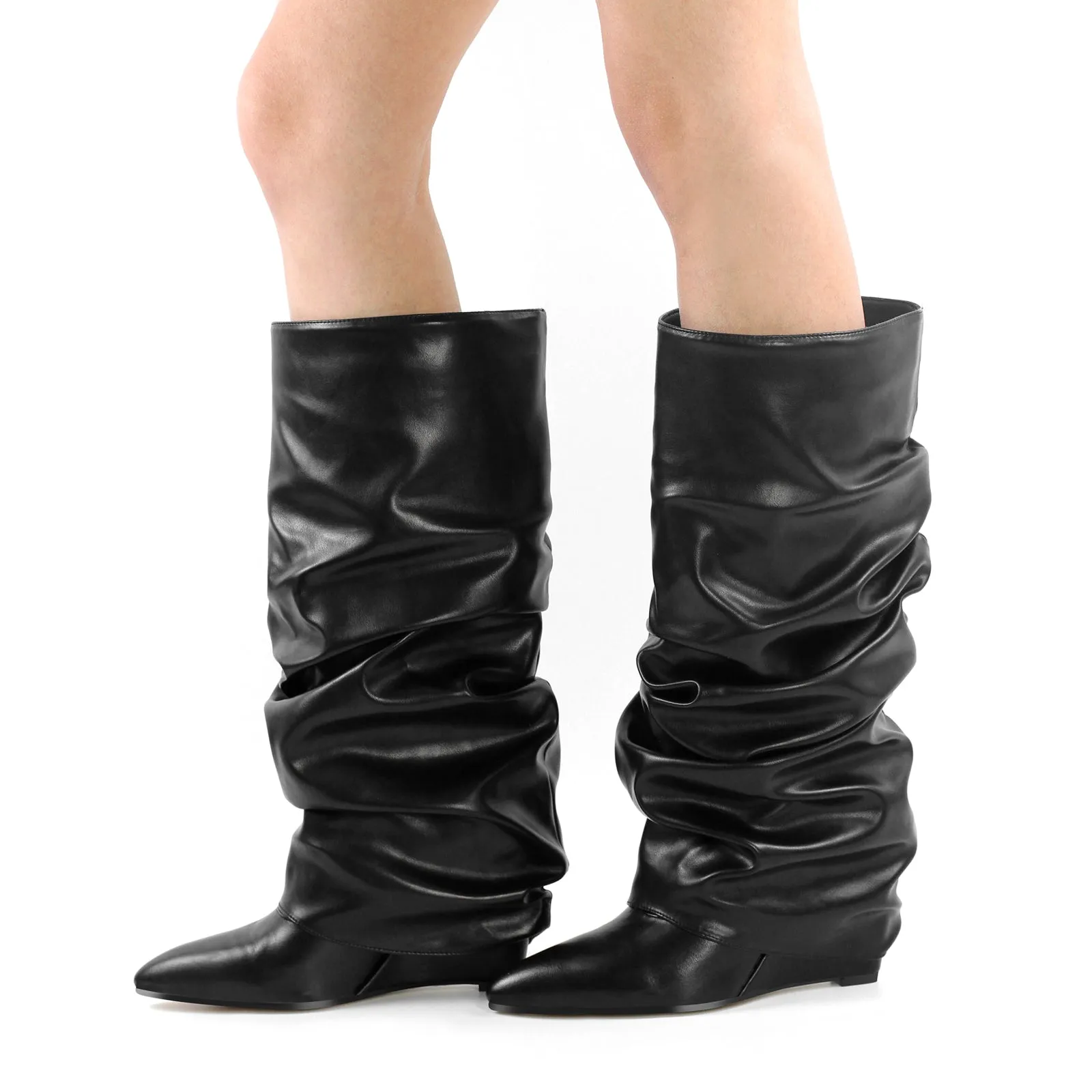 Black Pointed Toe Wedge Fold Over Knee Boots sold by Onlymaker product image thumbnail 2