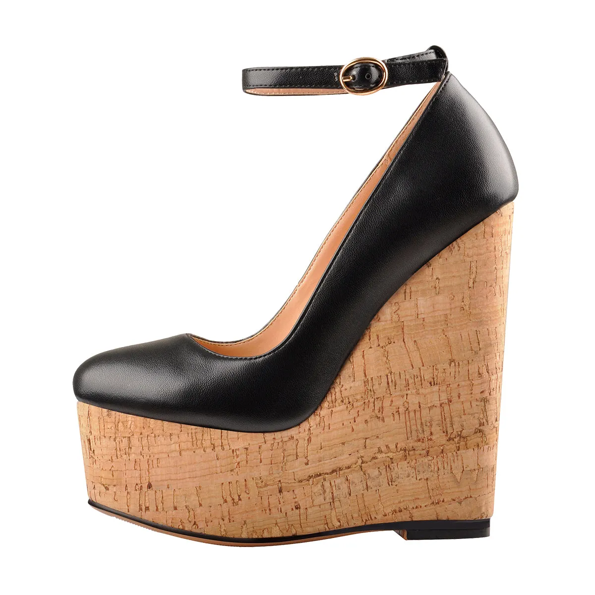 Wood Grain Platform Wedges Round Toe Buckle Strap Pumps sold by Onlymaker