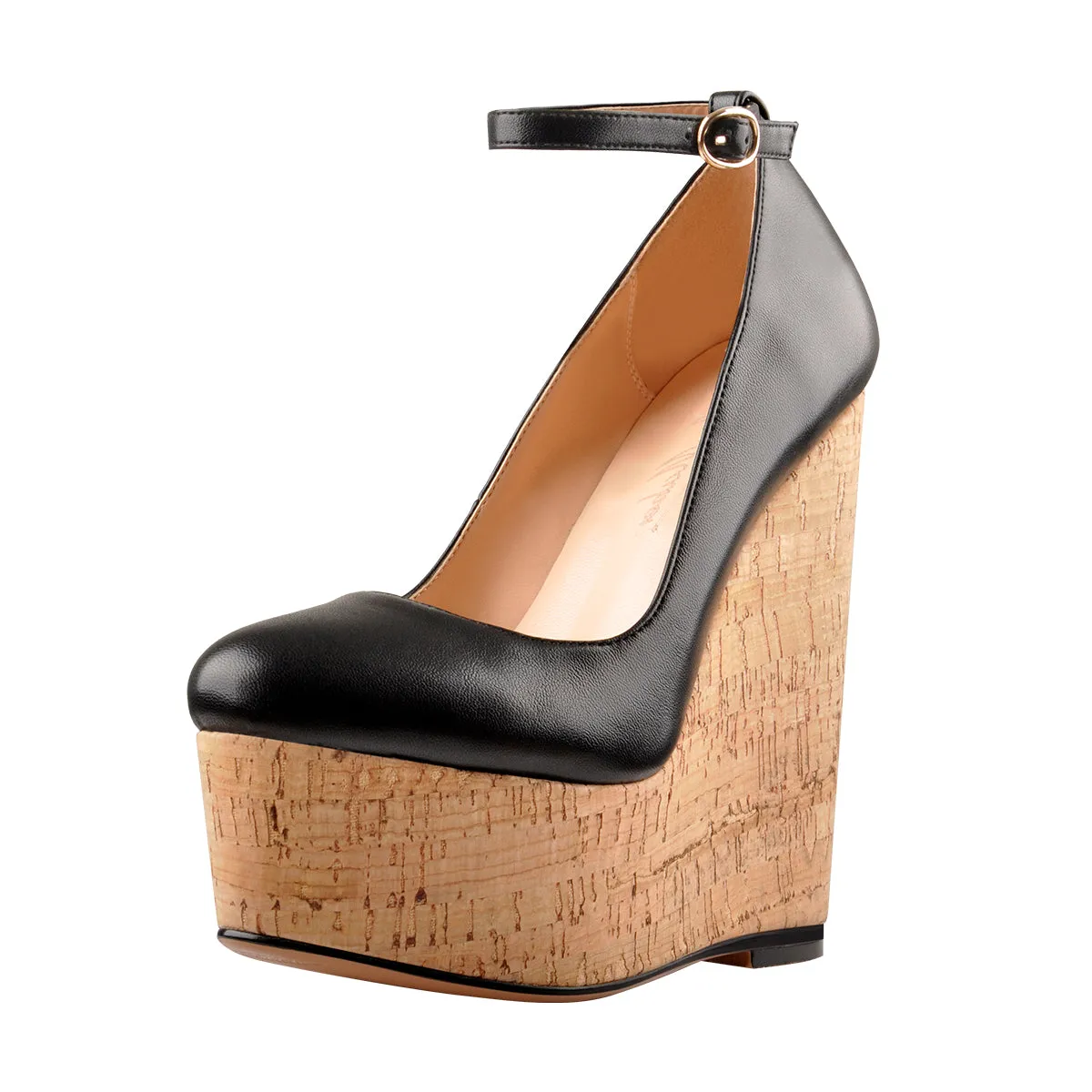 Wood Grain Platform Wedges Round Toe Buckle Strap Pumps sold by Onlymaker product image thumbnail 2