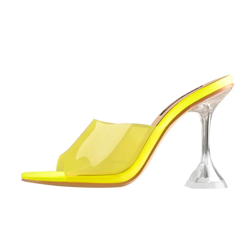 Square Open Toe Yellow Transparent Tapered Heels Sandals Mules sold by Onlymaker