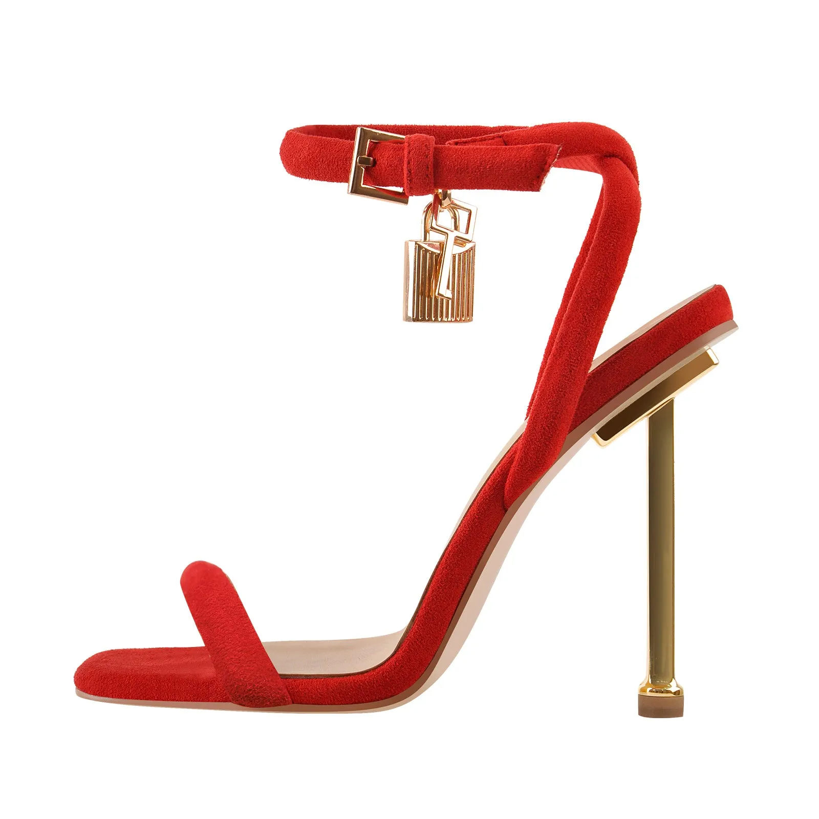 Red Suede Ankle Strap Square Toe Stilettos Metal Heel Sandals sold by Onlymaker