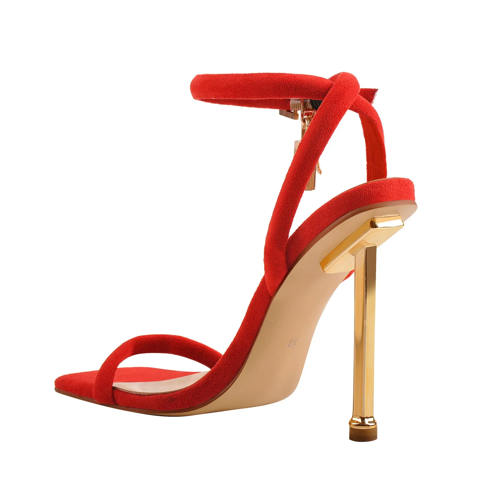 Red Suede Ankle Strap Square Toe Stilettos Metal Heel Sandals sold by Onlymaker product image thumbnail 3