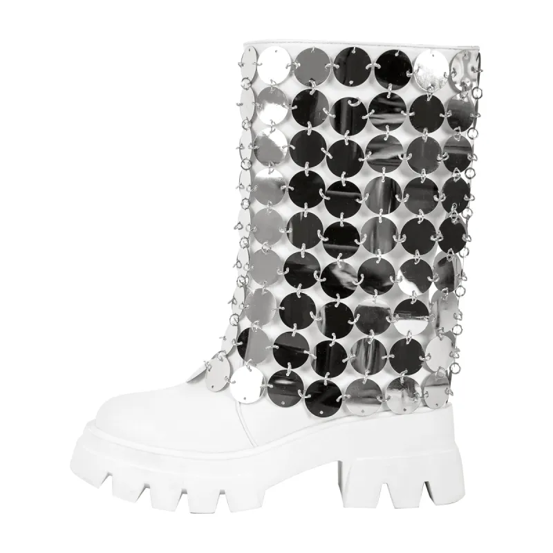 Silver Sequins Platform White Mid-calf Boots sold by Onlymaker