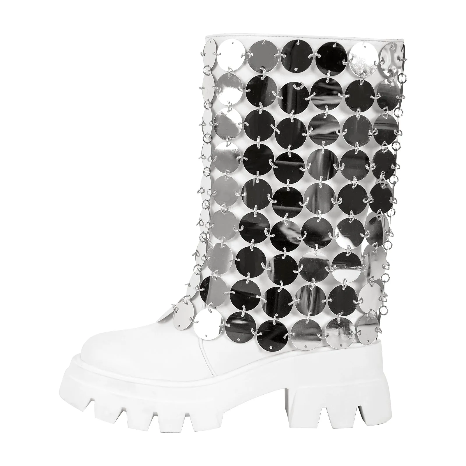 Silver Sequins Platform White Mid-calf Boots sold by Onlymaker