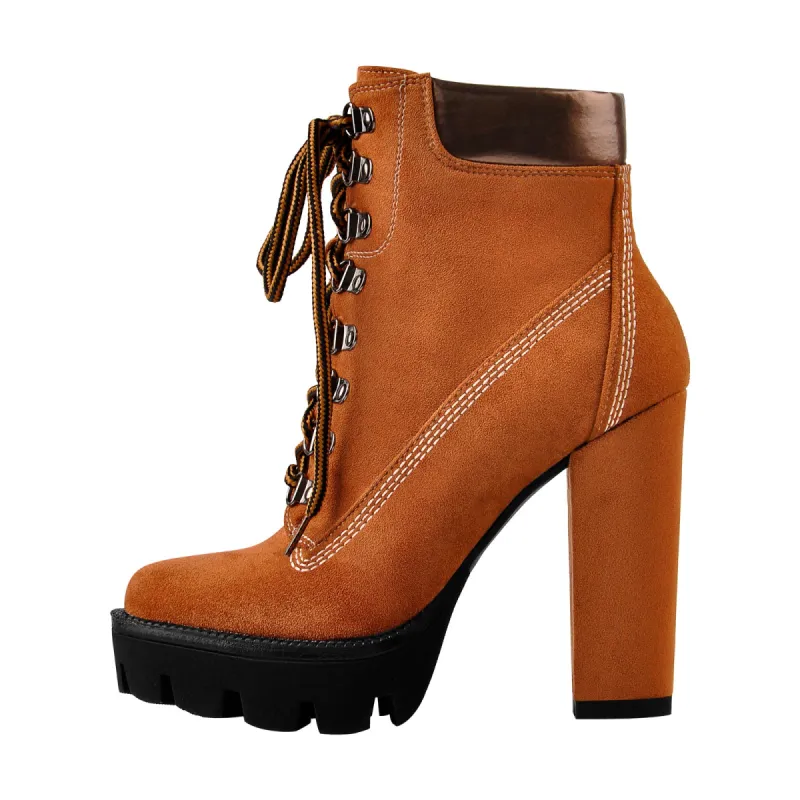 Brown Round Toe Platform Lace Chunky High Heels Ankle Boots sold by Onlymaker