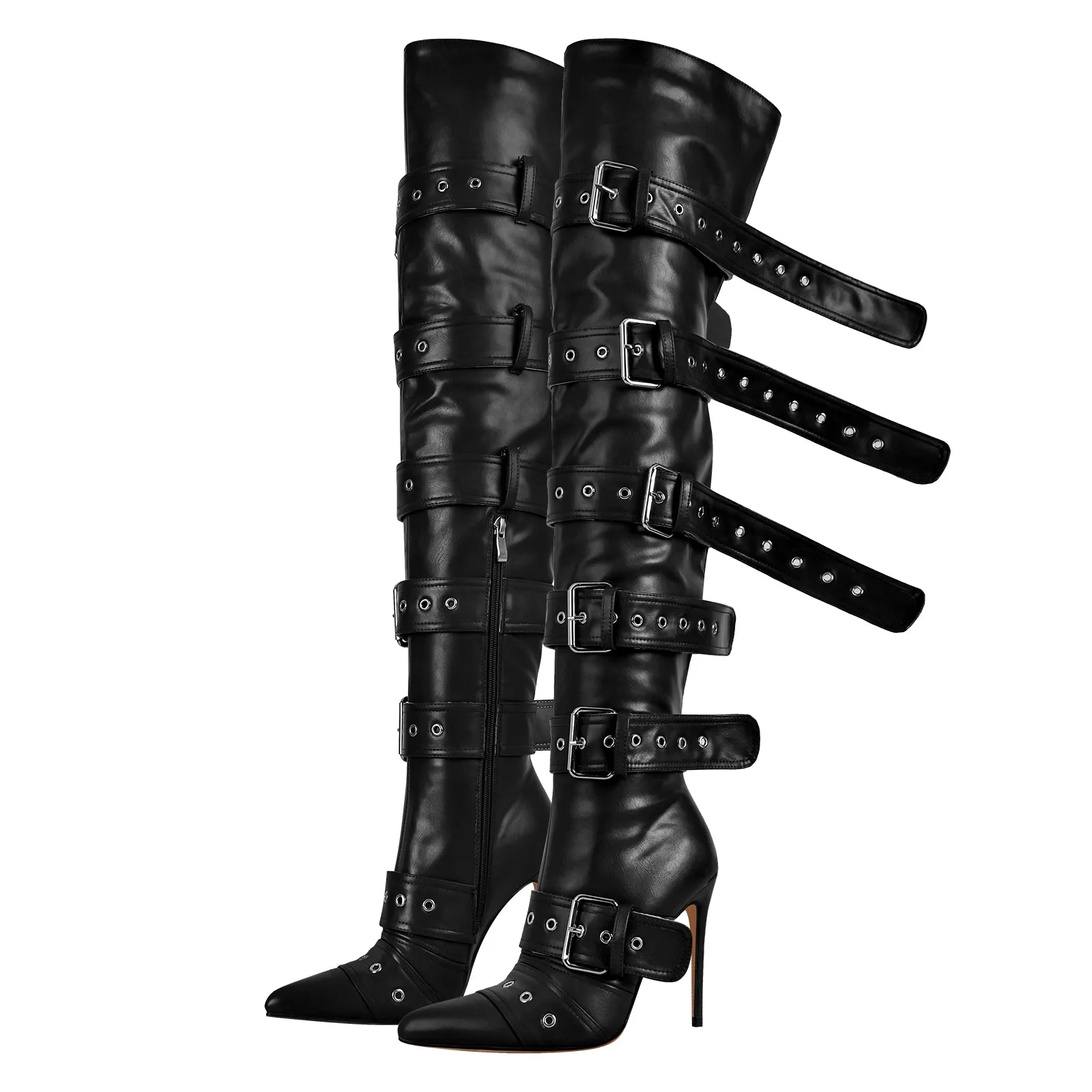 Multi Buckle Strap Thigh High Pointed Toe Stiletto Boots sold by Onlymaker
