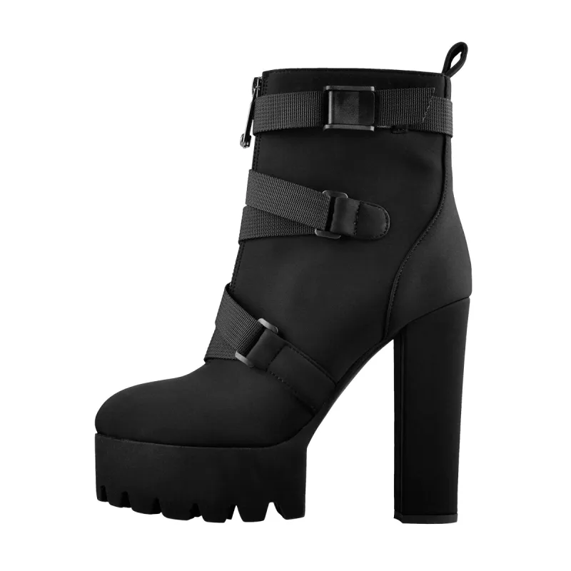 Platform Round Toe Zipper Strap Chunky High Heels Ankle Boots sold by Onlymaker