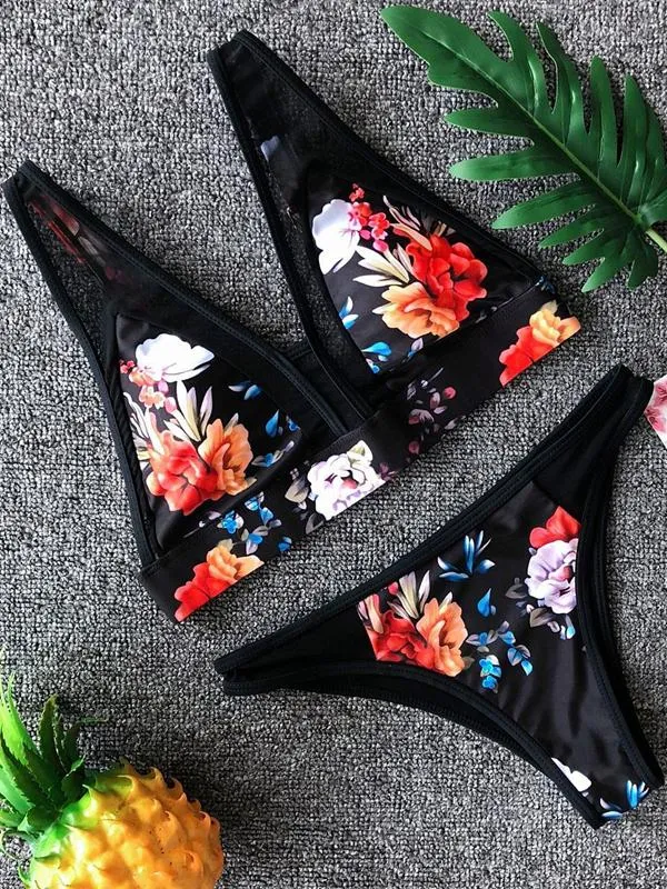 Mesh Floral Print Triangle Bikini sold by Onlymaker