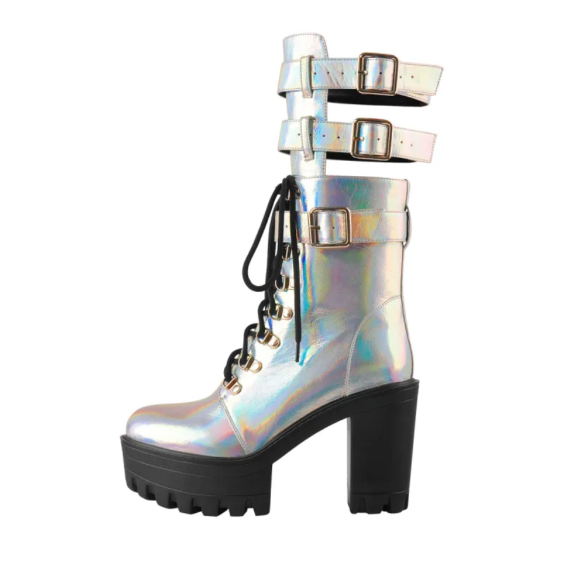 Holographic Platform Chunky Heels Boots sold by Onlymaker
