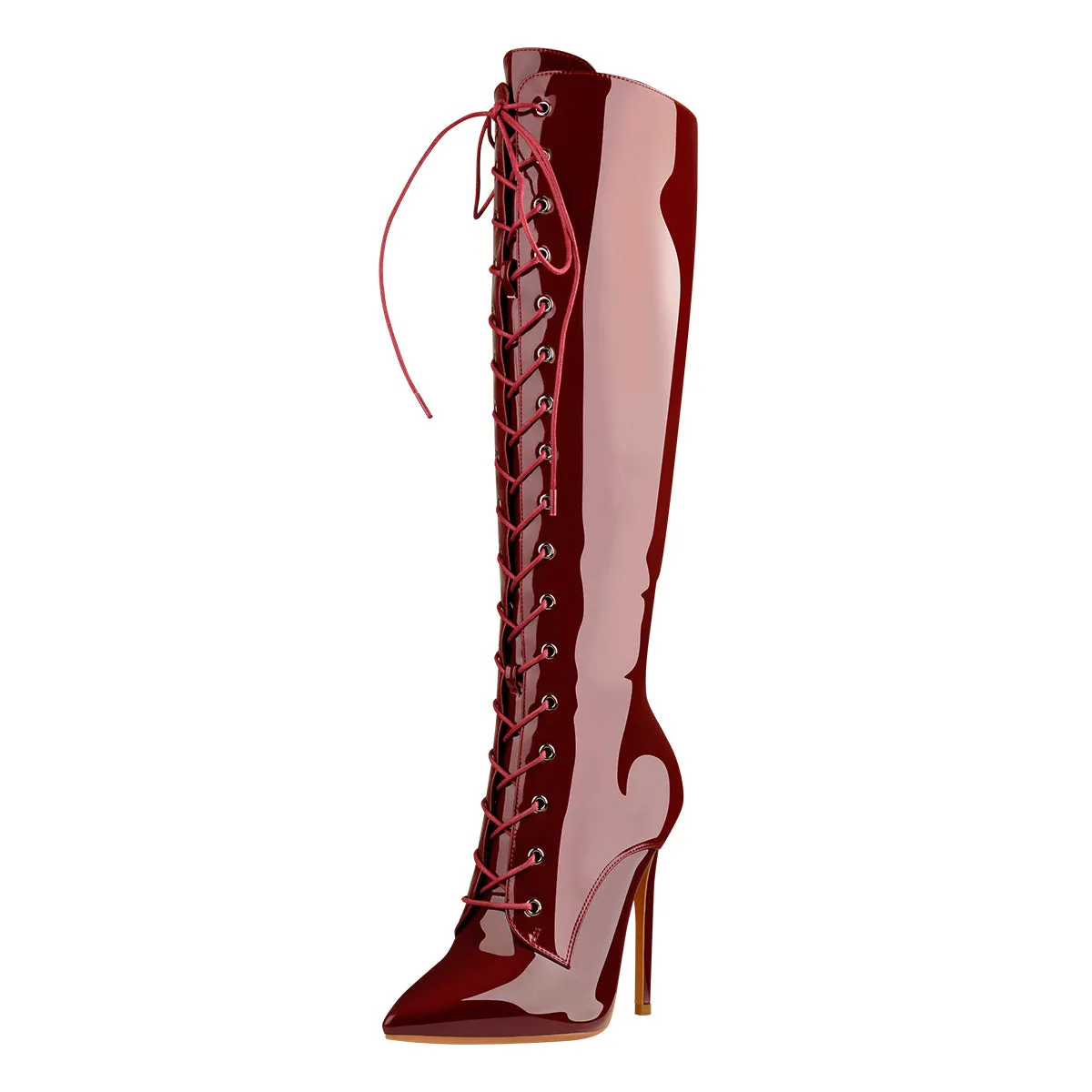Burgundy Patent Leather Lace Up Knee High Boots sold by Onlymaker