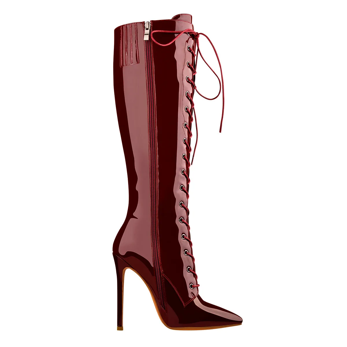 Burgundy Patent Leather Lace Up Knee High Boots sold by Onlymaker product image thumbnail 2