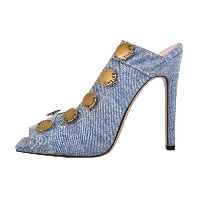 Square Toe Multi-Buckle Stiletto Denim Sandals sold by Onlymaker