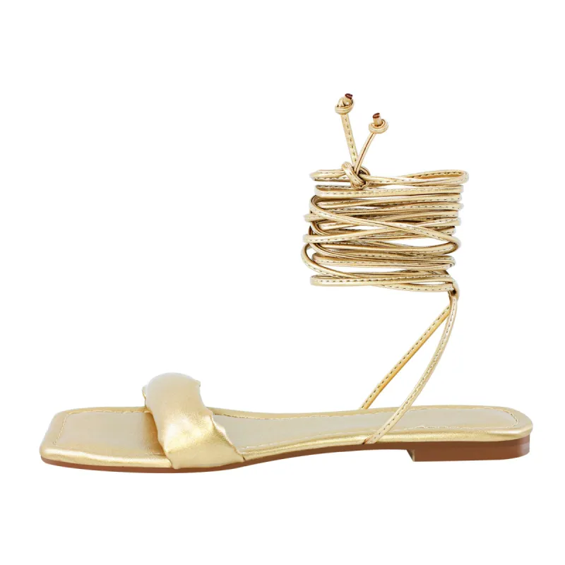 Square Toe Lace-up Strap Gold Flats sold by Onlymaker