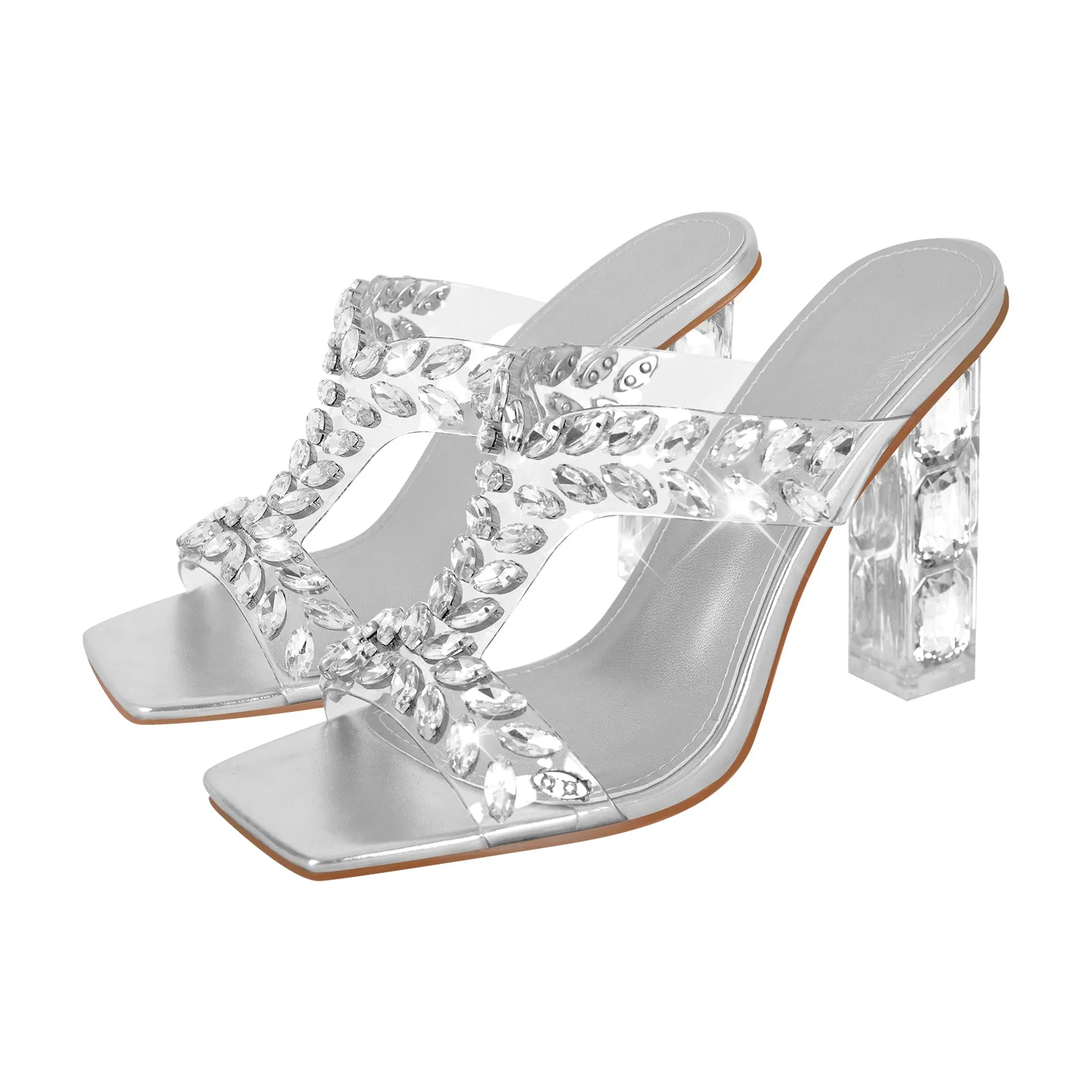 Rhinestone Square Toe Clear Chunky Heel Sandals sold by Onlymaker